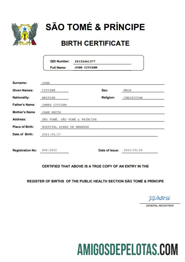 Realista modelo Word e PDF de certidão de nascimento de registro vital de São Tomé e Príncipe